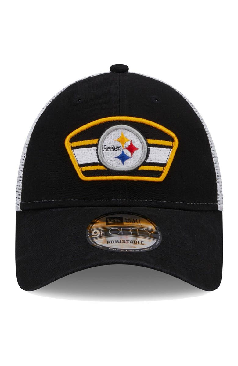 New Era Men's New Era Black/White Pittsburgh Steelers Logo Patch Trucker 9FORTY Snapback Hat, Alternate, color, 