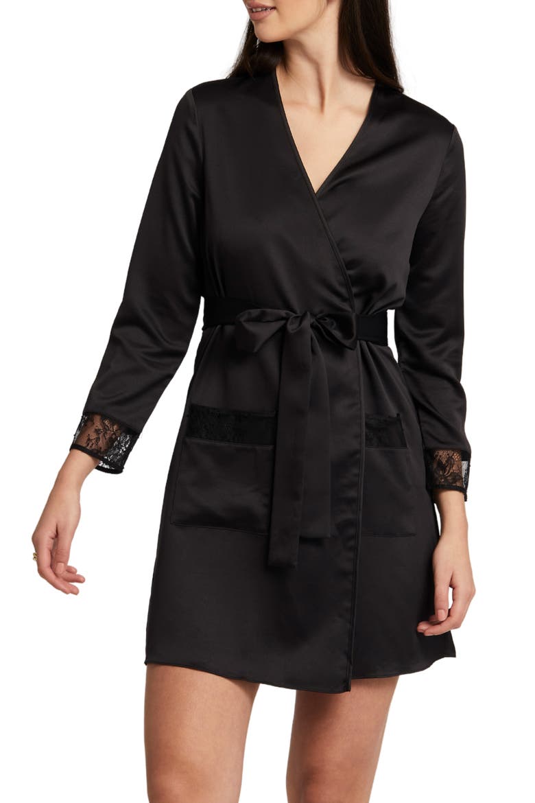 Serena Lace Trim Charmeuse Wrap, Main, color, BLACK