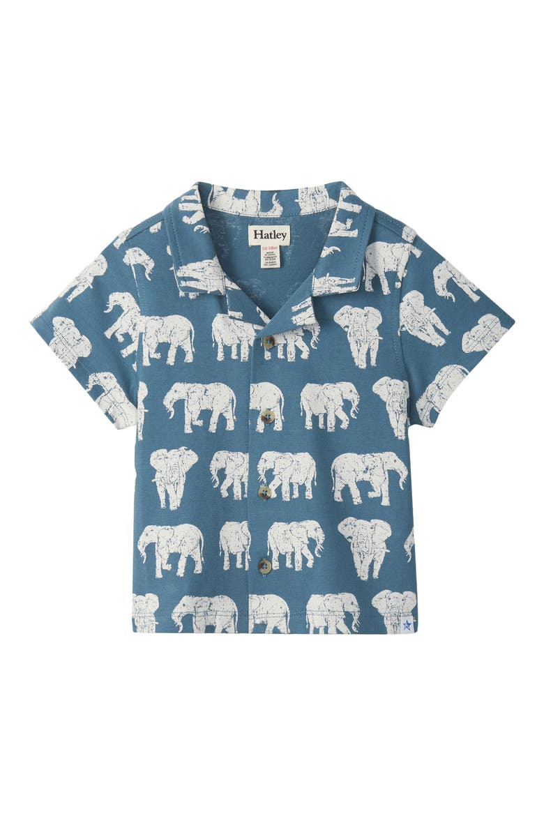 Kids' Elephant Print Knit Cotton Camp Shirt, Main, color, BLUESTONE