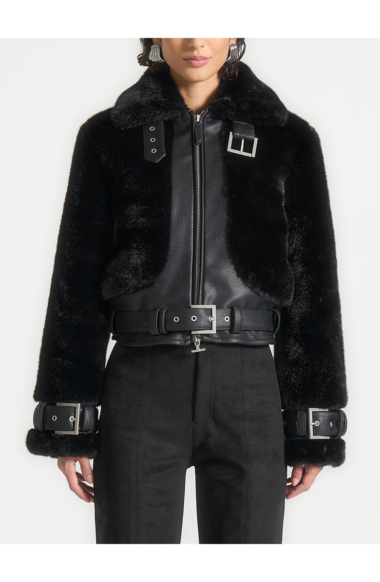 Manière De Voir Deya Plush & Leather Leather Belted Jacket, Main, color, Black