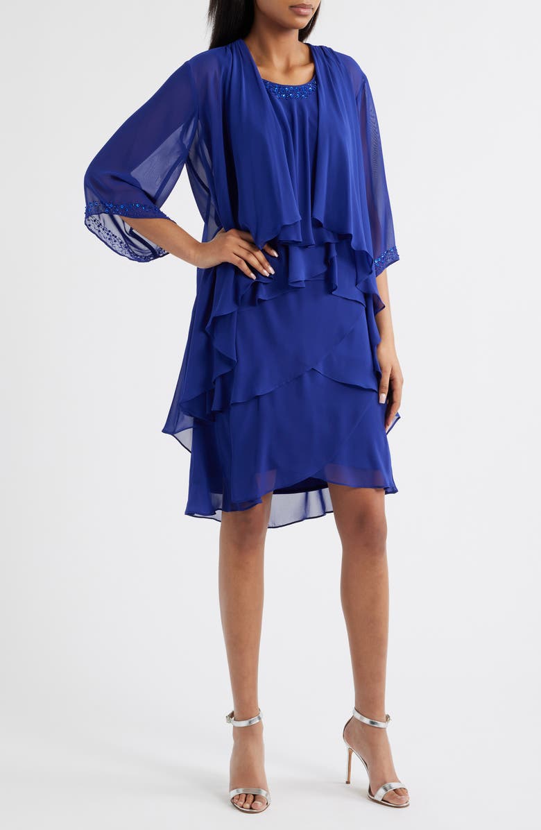 SL FASHIONS Embellished Tiered Dress & Jacket Set, Alternate, color, Iris