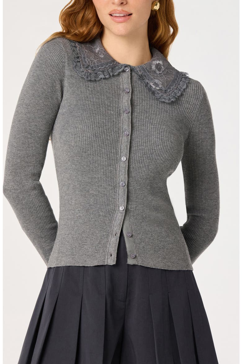 Sonya Lace Collar Rib Cardigan, Alternate, color, GREY