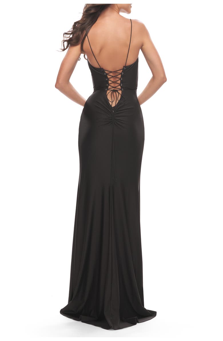 La Femme Jersey Dress with Lace Up Deep V Neckline, Alternate, color, Black