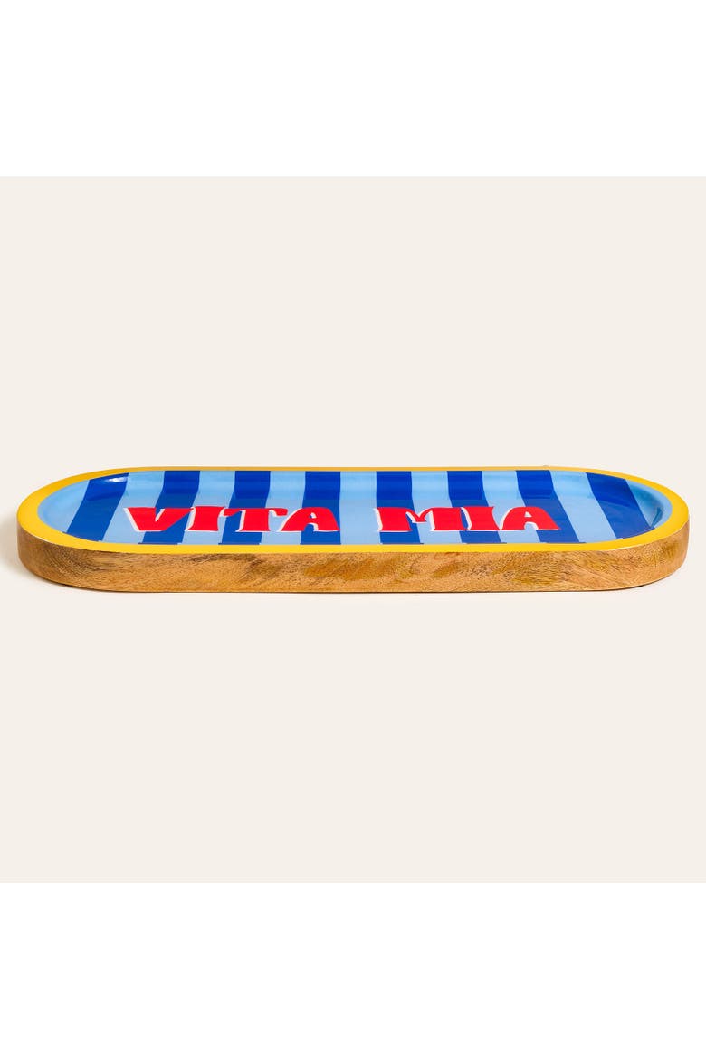 Lakri Oval Wood Serving Entertaining Stripe Artisan, Alternate, color, Blue