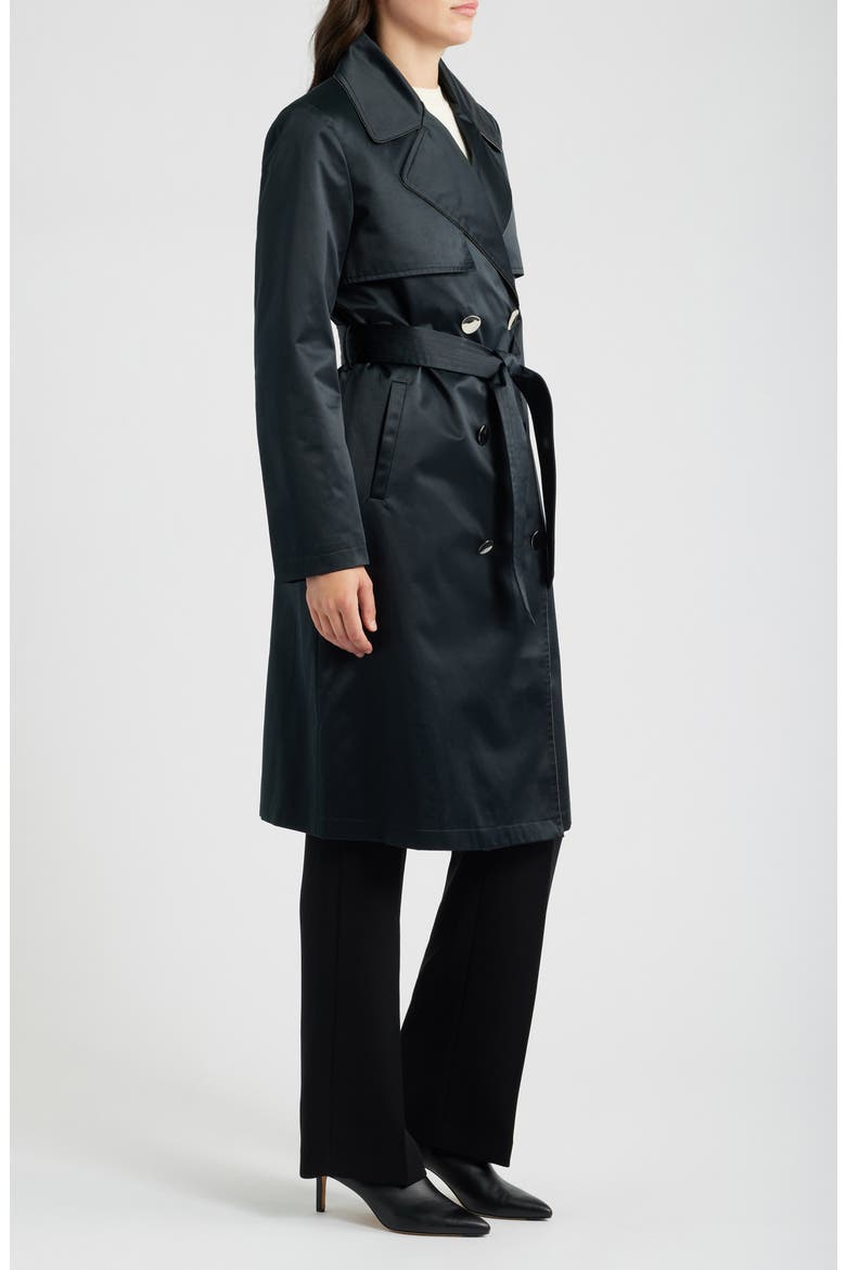 Double Breasted Satin Trench Coat, Alternate, color, BLACK