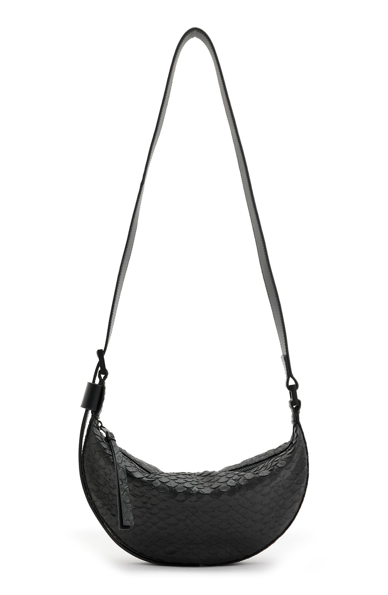 AllSaints Half Moon Snake Embossed Leather Crossbody Bag