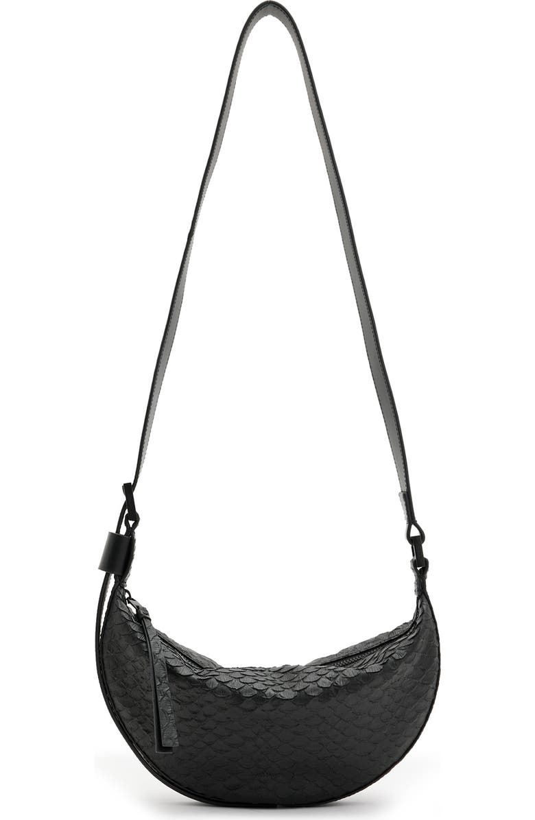 AllSaints Half Moon Snake Embossed Leather Crossbody Bag, Main, color, Black