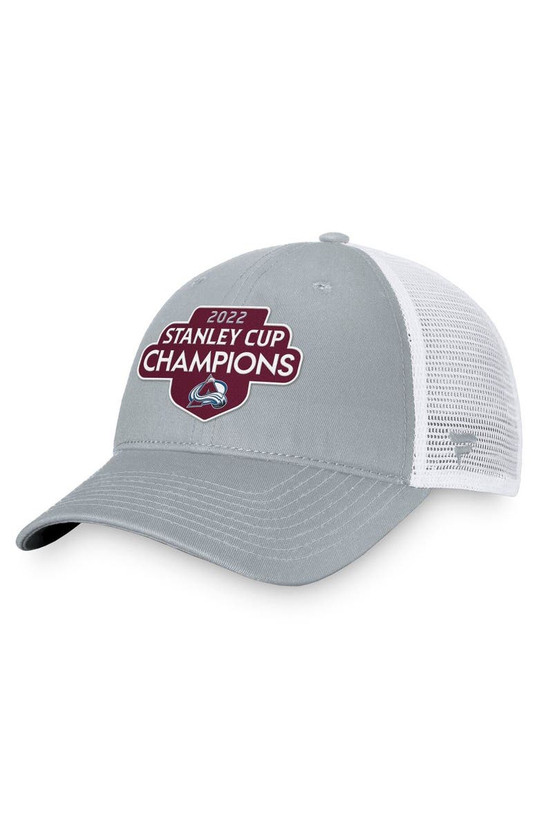 FANATICS Men's Fanatics Branded Gray/White Colorado Avalanche 2022 Stanley Cup Champions Locker Room Trucker Adjustable Hat, Main, color, 