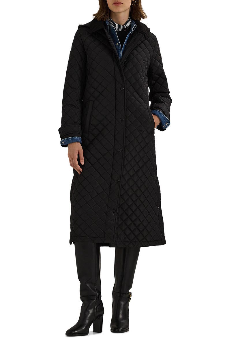 Lauren Ralph Lauren Quilted Hooded Long Coat, Main, color, Black