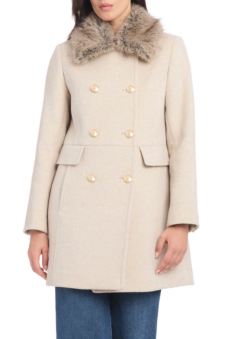 Faux Fur Collar Double Breasted Military Coat, Alternate, color, OATMEAL