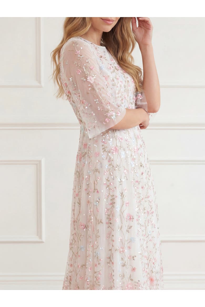 Rococo 3/4 Sleeve Embroidered Gown, Alternate, color, Chalk
