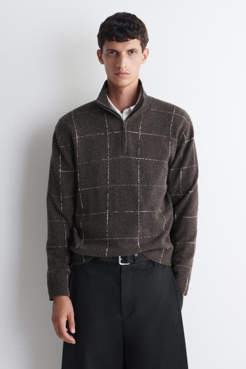 Checked Wool-Cotton Zip-Up Sweater