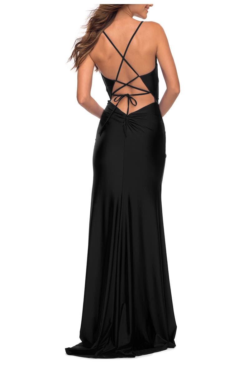 La Femme Prom Dress with Cut Outs at Hip and High Slit, Alternate, color, Black