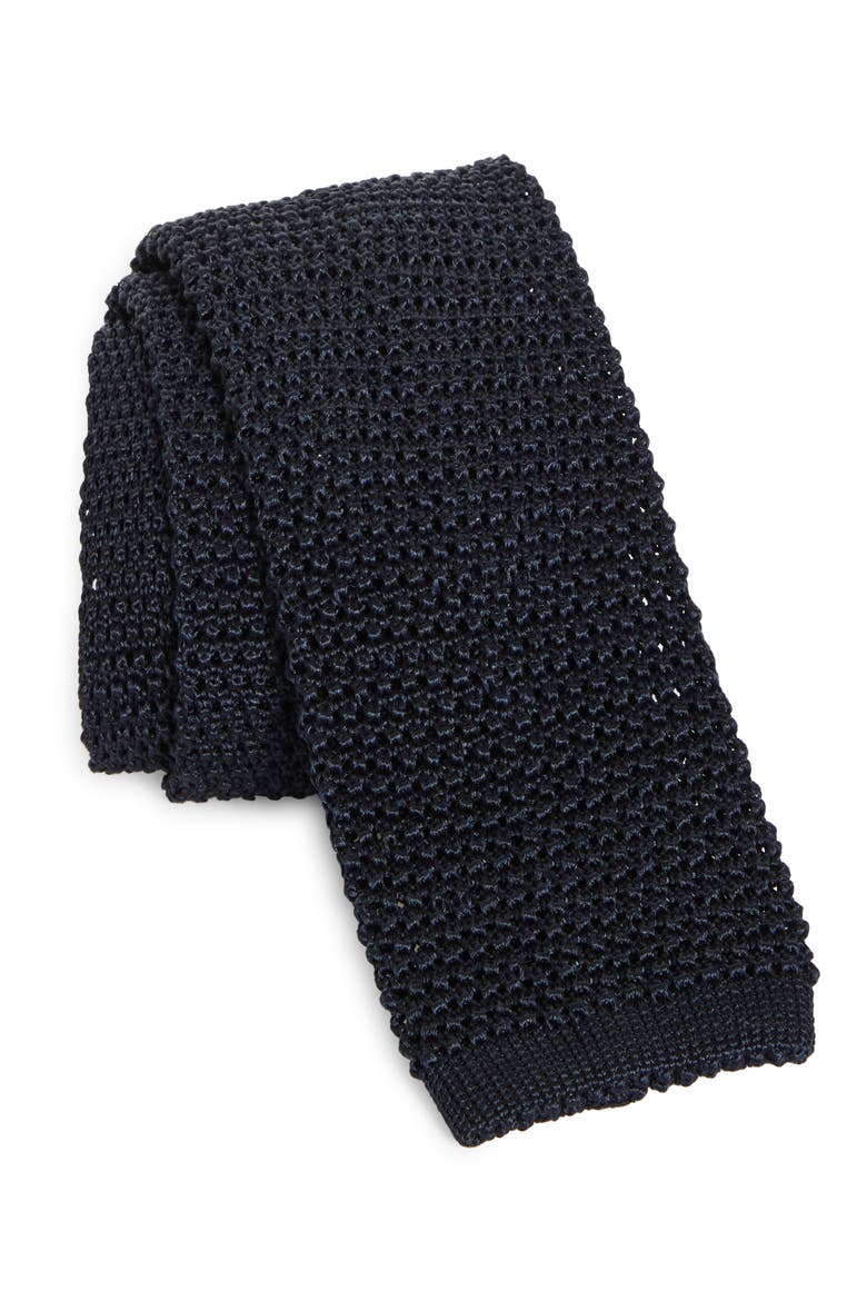 Silk Knit Skinny Tie, Main, color, DARK NAVY
