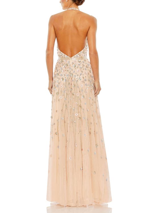 Mac Duggal Floral Sequin Plunge Neck A-line Gown In Blush