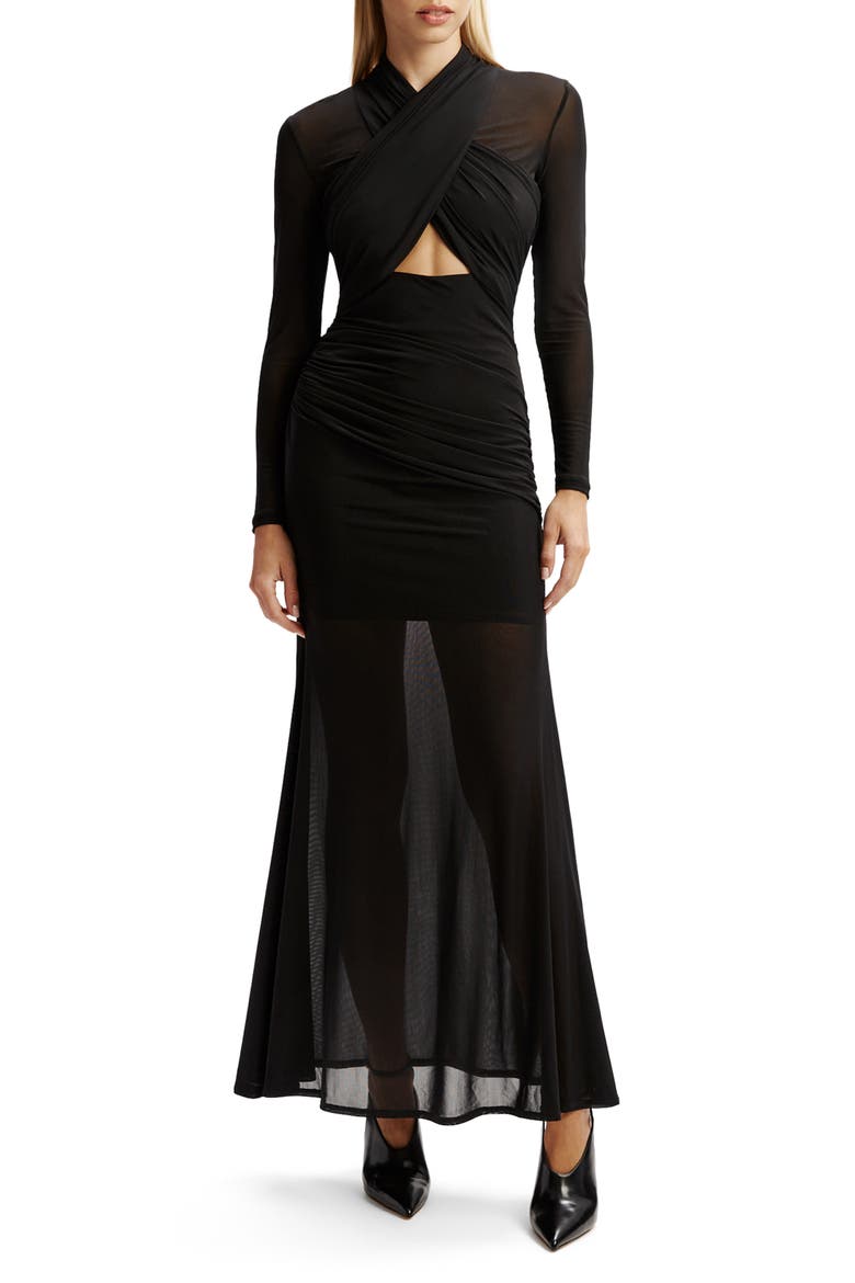 Veria Front Wrap Long Sleeve Mesh Gown, Main, color, BLACK