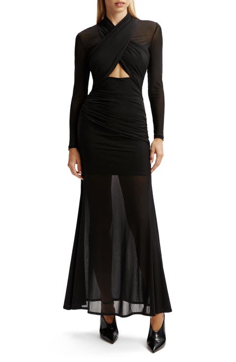 Veria Front Wrap Long Sleeve Mesh Gown