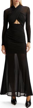 Bardot Veria Front Wrap Long Sleeve Mesh Gown