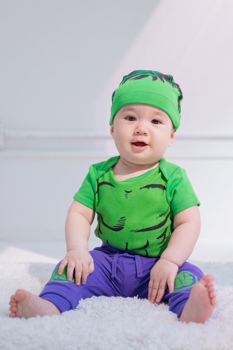 Avengers The Hulk Bodysuit Pants and Hat Set, Alternate, color, Hulk Green Purple