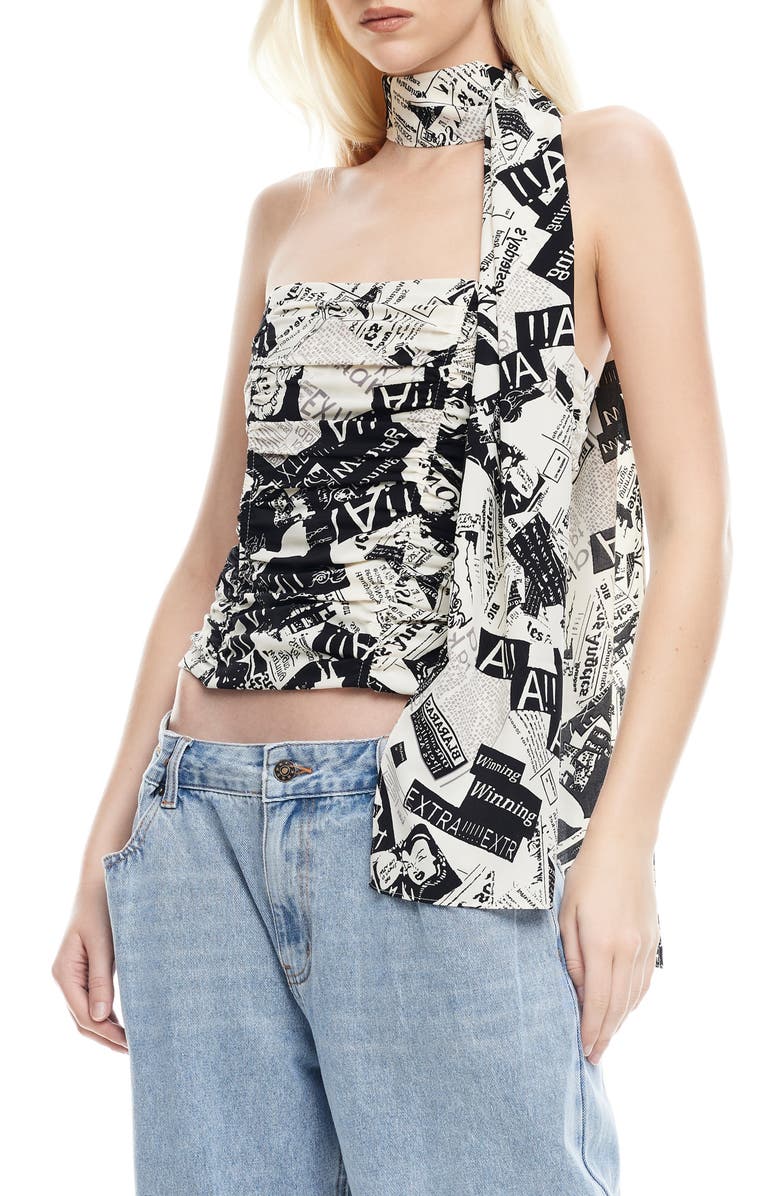 LIONESS Island Ruched Strapless Top & Scarf Set, Alternate, color, Newspaper