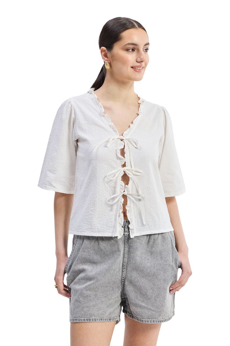 Relaxed Fit Top With Ruffles and Front-Ties, Alternate, color, Striped Horizon