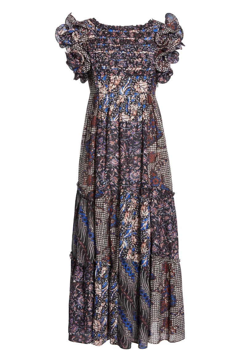 Zoya Ruffle Trim Ikat Midi Dress, Alternate, color, INDIGO