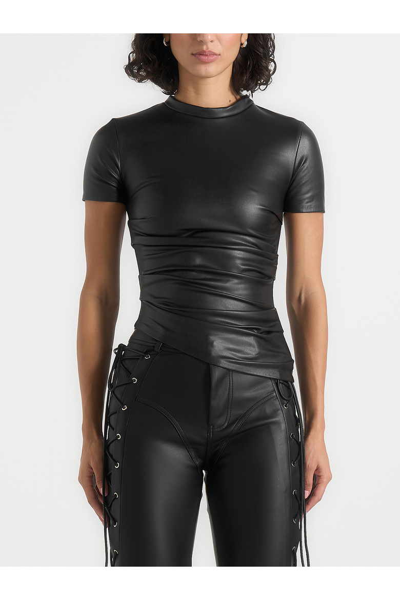 Leather Ruched T-Shirt, Alternate, color, Black