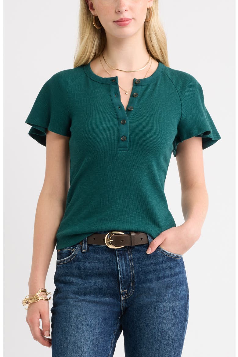 Flutter Sleeve Ribbed Henley, Main, color, GREEN PONDEROSA