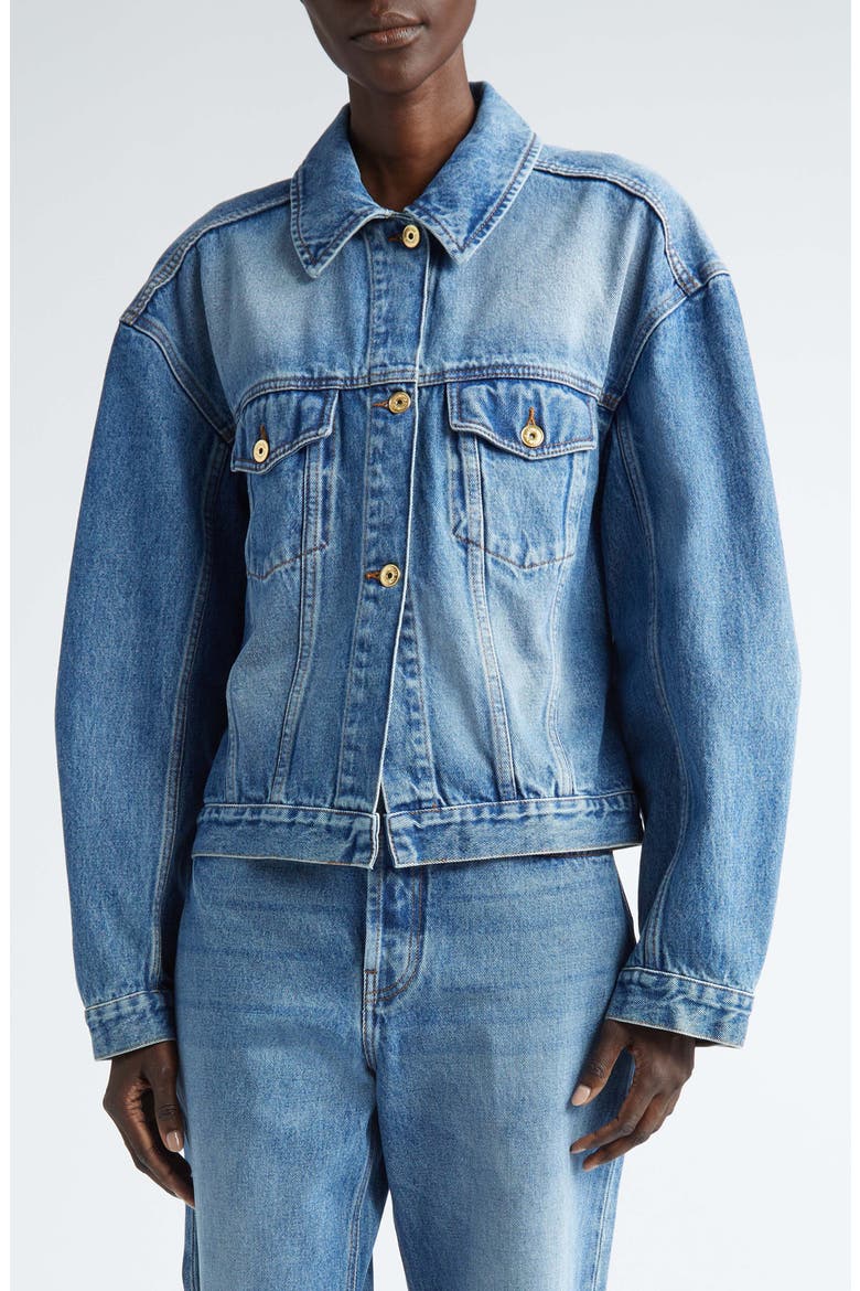 La Veste de-Nîmes Denim Trucker Jacket, Main, color, BLUE/ TABAC 2