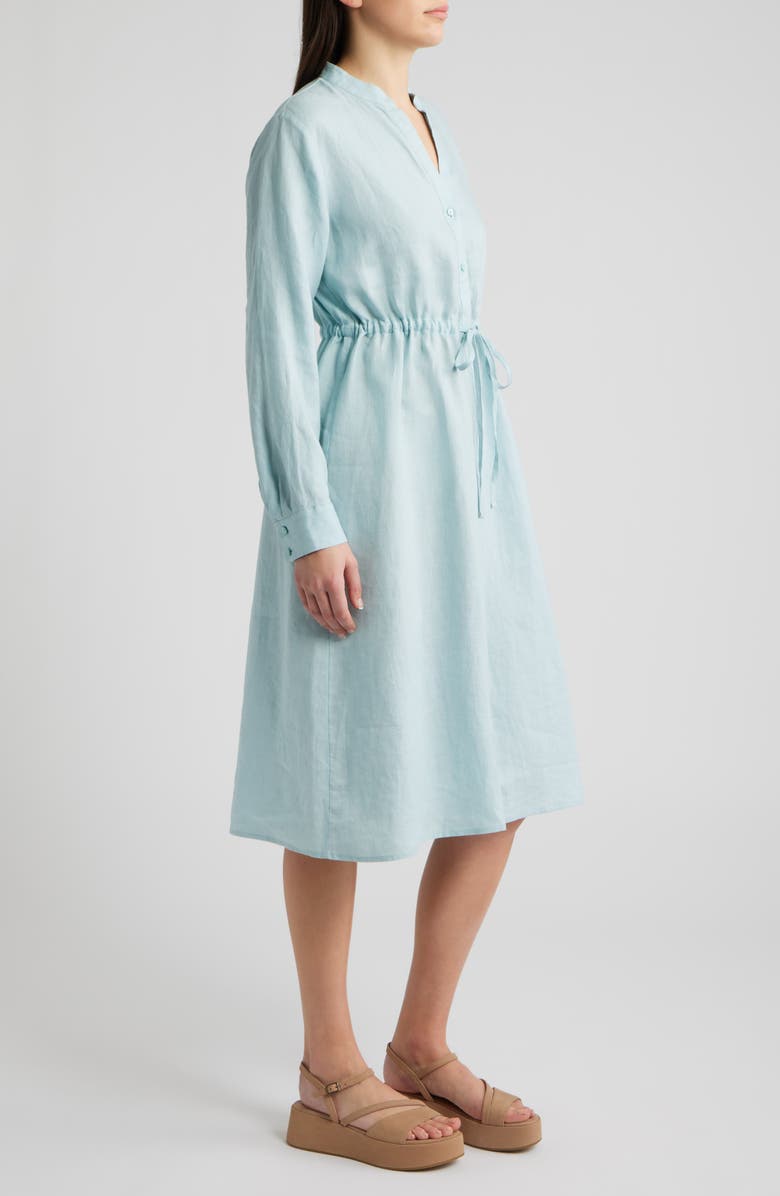 Eileen Fisher Mandarin Collar Long Sleeve Organic Linen Midi Shirtdress, Alternate, color, Breeze