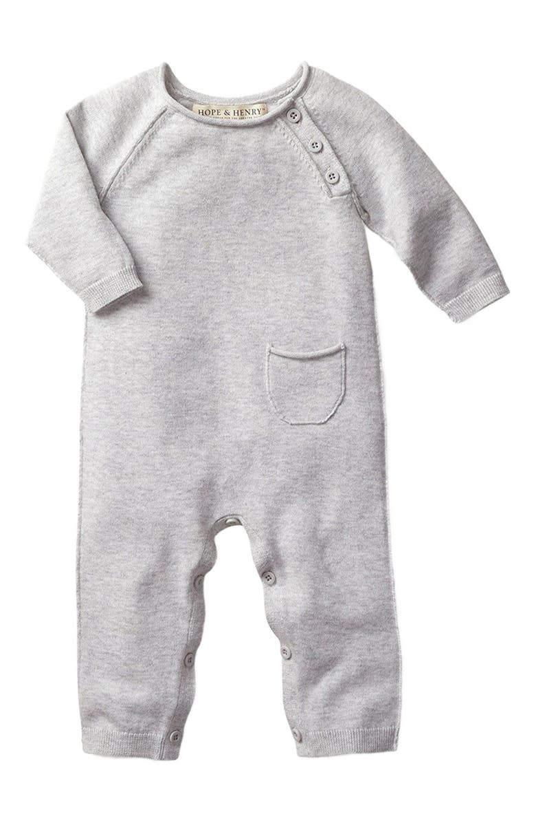 Hope & Henry Baby Raglan Sweater Romper, Main, color, Heather Grey