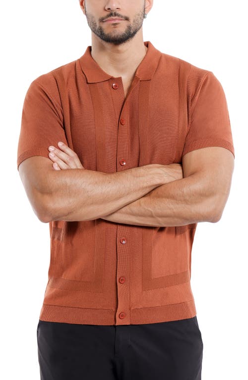 Spring + Mercer Textured Short Sleeve Button-up Sweater In Brick