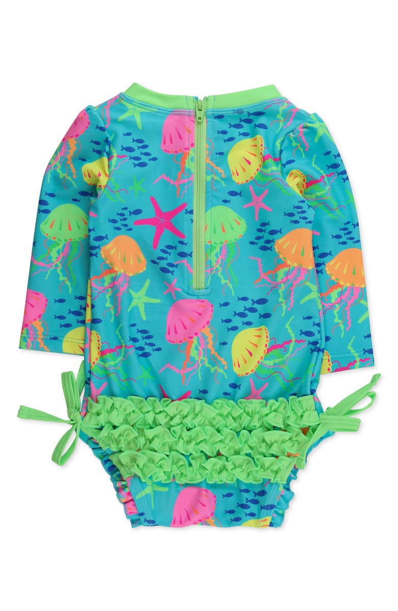RuffleButts Kids' Jelly Time Long Sleeve One-Piece Rashguard Swimsuit, Alternate, color, Blue