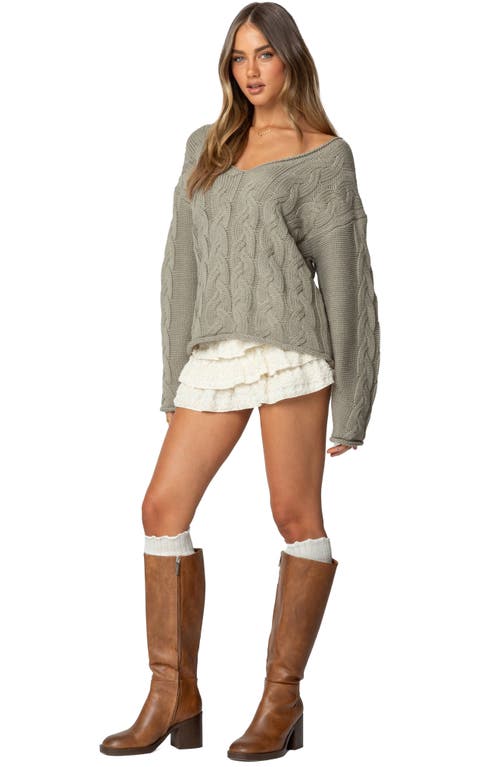 Shop Edikted Inga Oversize Cable Knit Sweater In Olive