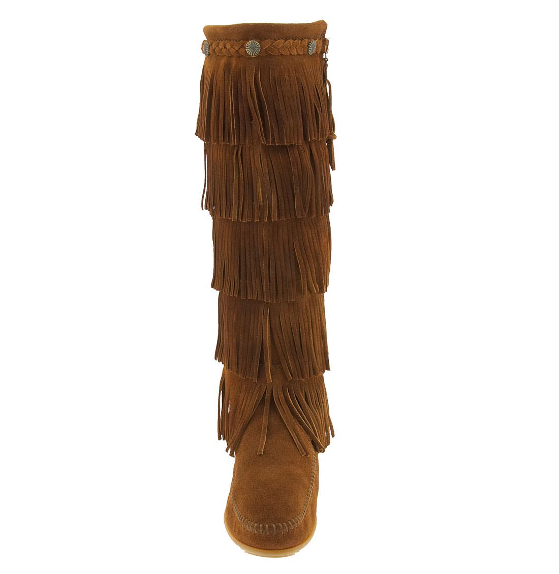 Minnetonka Five Layer Fringe Boot, Alternate, color, Brown