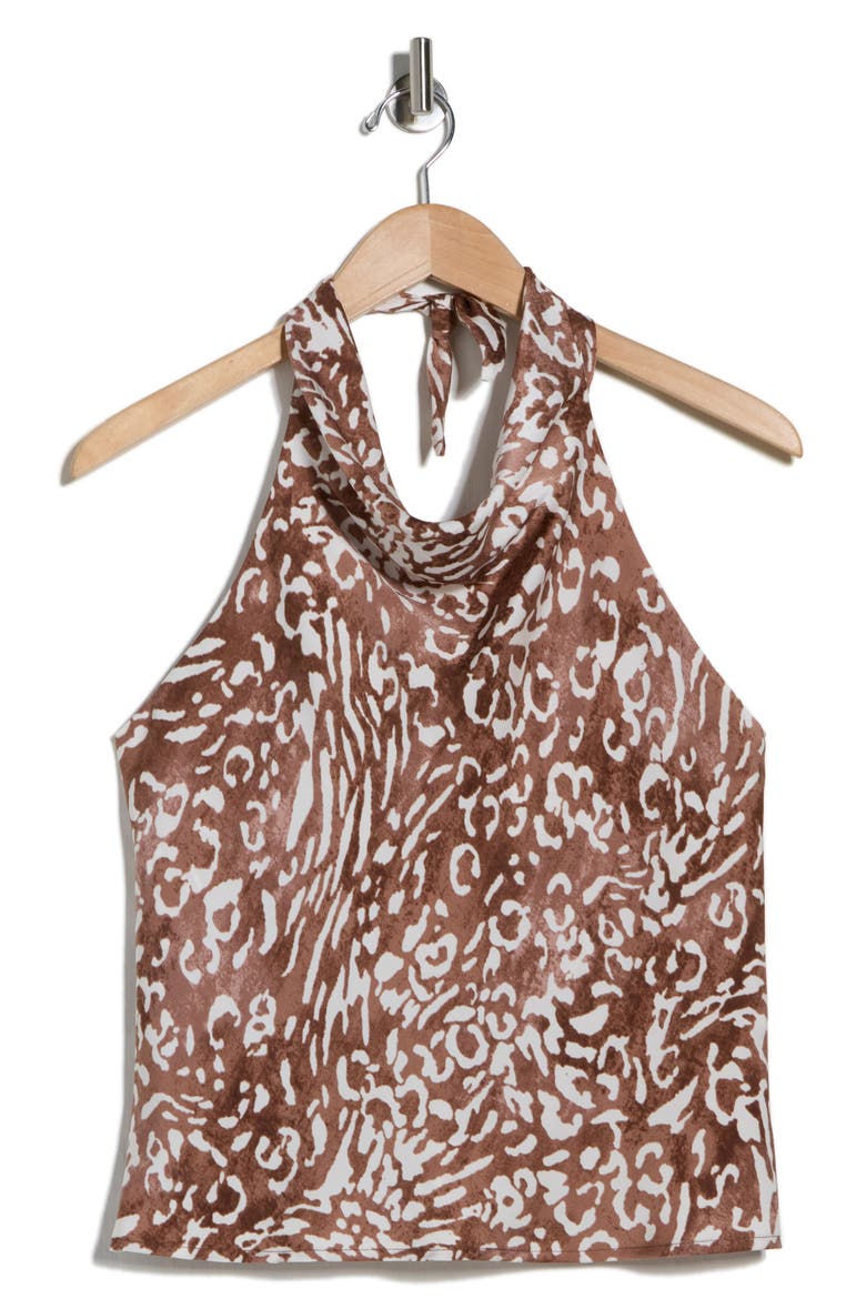 Animal Print Satin Halter Neck Top, Alternate, color, BROWN
