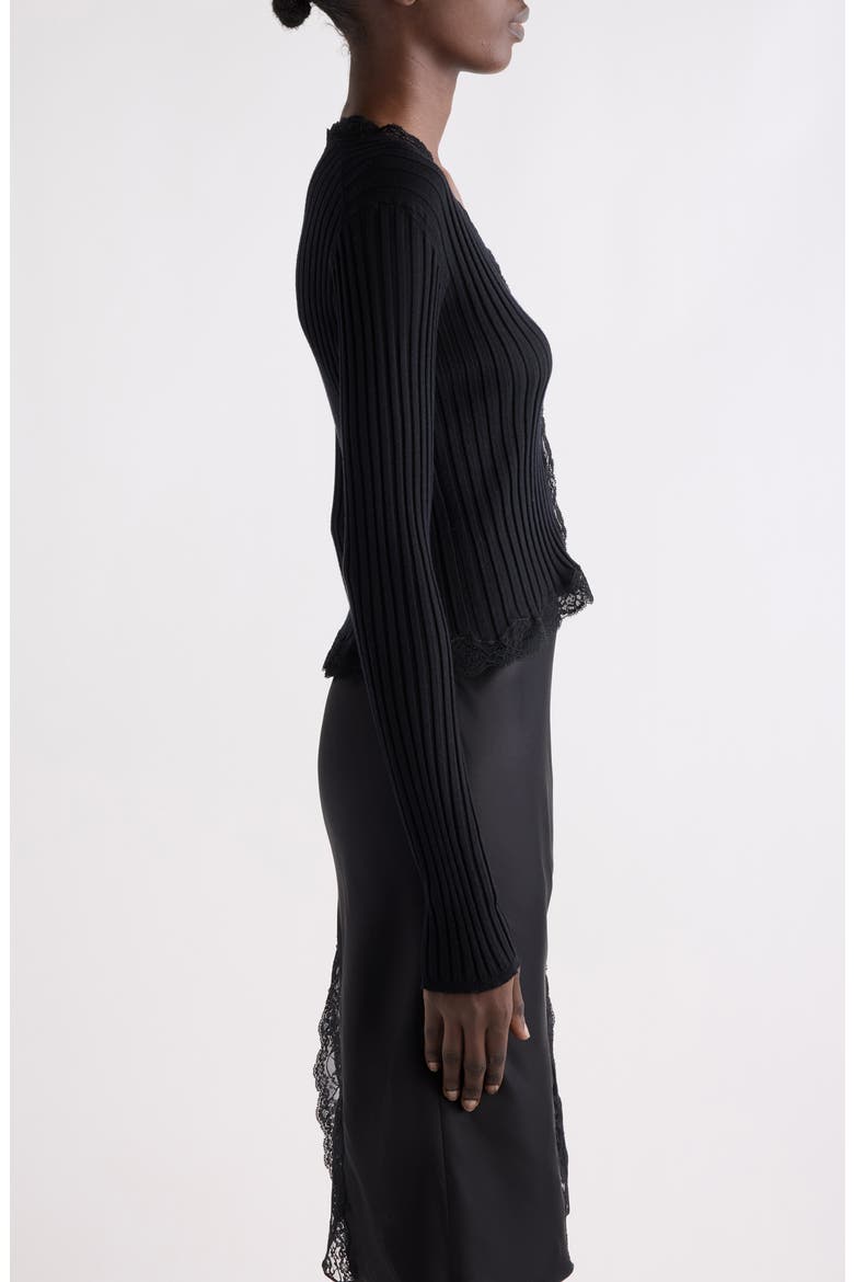 Rib Cardigan with Lace Trim, Alternate, color, NOIR