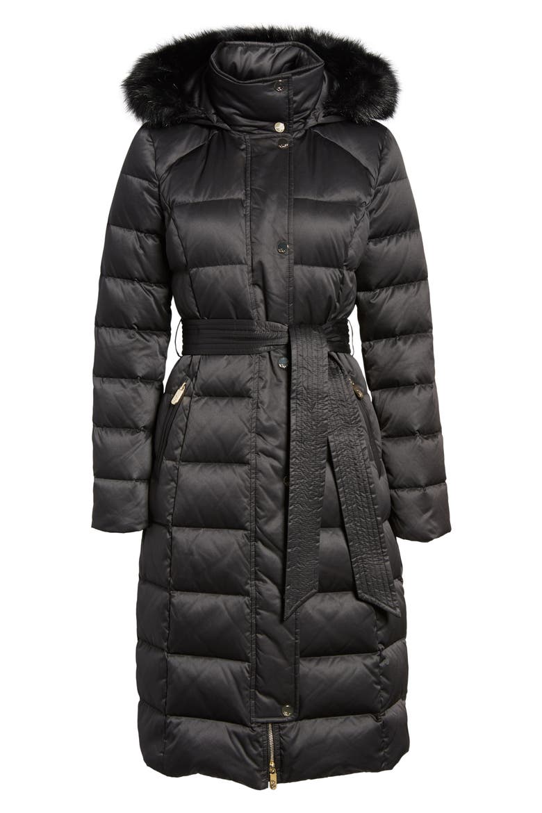 Down Midi Coat with Faux Fur Trim, Alternate, color, BLACK