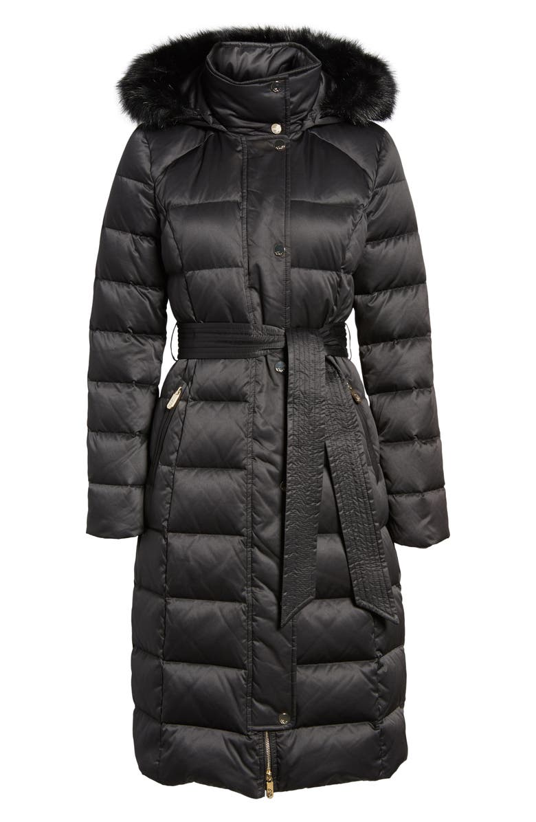 Eliza J Down Midi Coat with Faux Fur Trim, Alternate, color, 