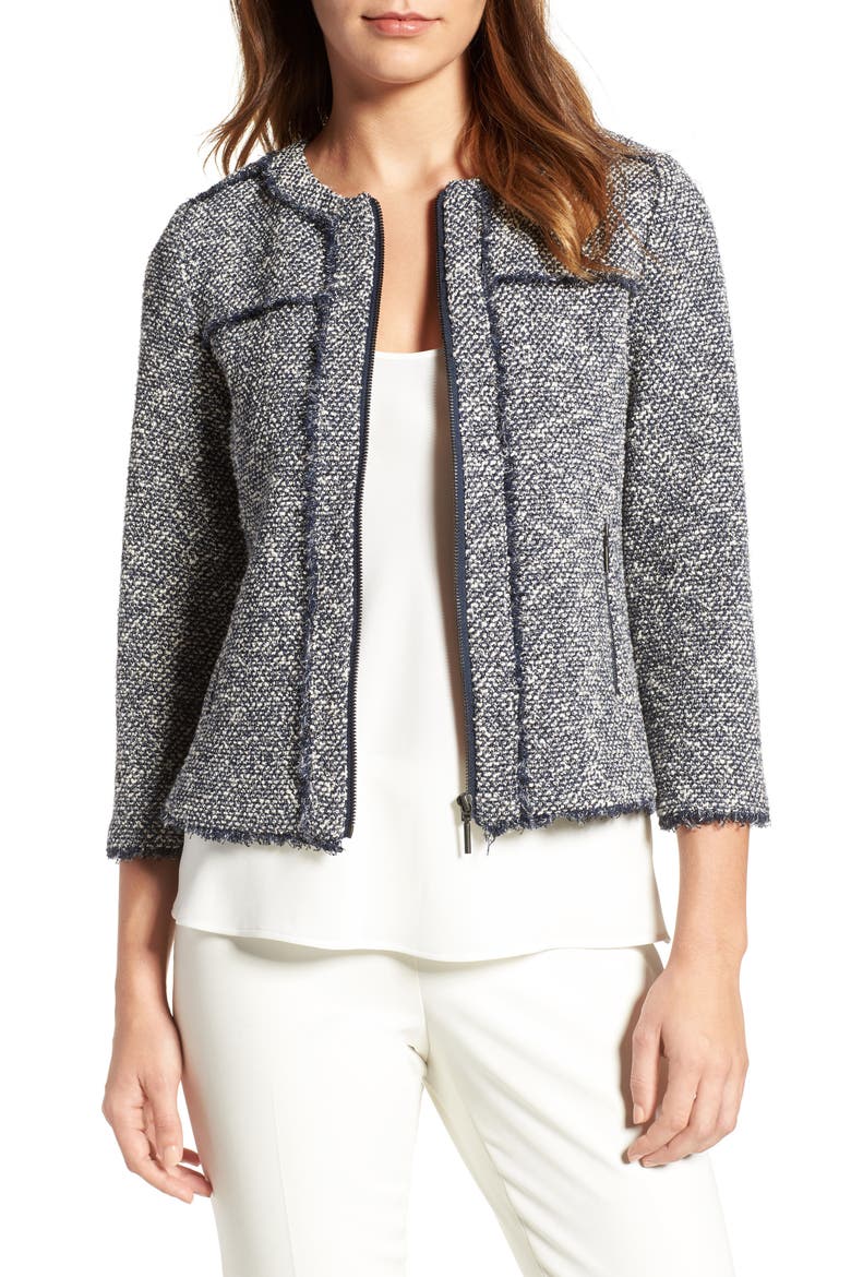 Zip Front Tweed Jacket, Main, color, NAVY IVORY TWIST TWEED