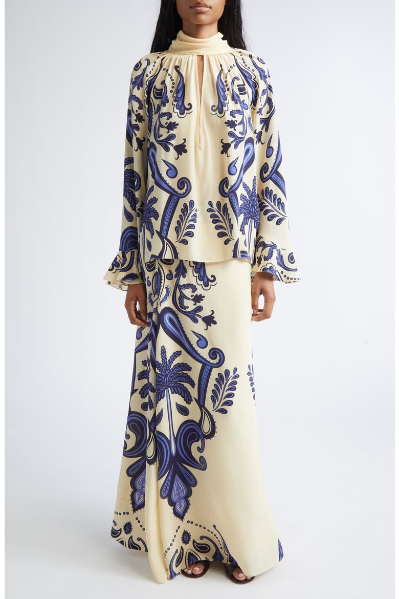 Everywhere Floral Paisley Silk Crêpe de Chine Maxi Skirt, Alternate, color, ECRU / NAVY