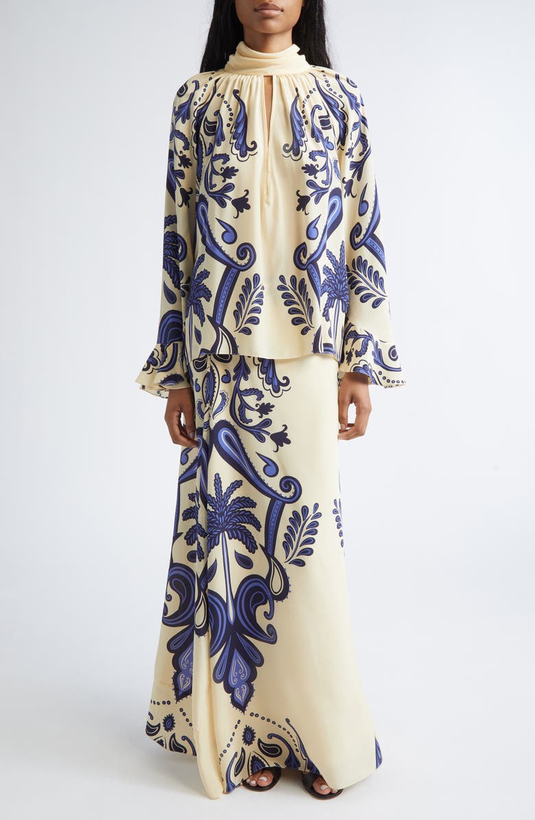 Johanna Ortiz Everywhere Floral Paisley Silk Crêpe de Chine Maxi Skirt, Alternate, color, Ecru / Navy