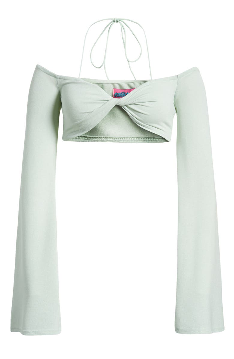 EDIKTED Celeste Off the Shoulder Twist Long Sleeve Crop Top, Alternate, color, Green