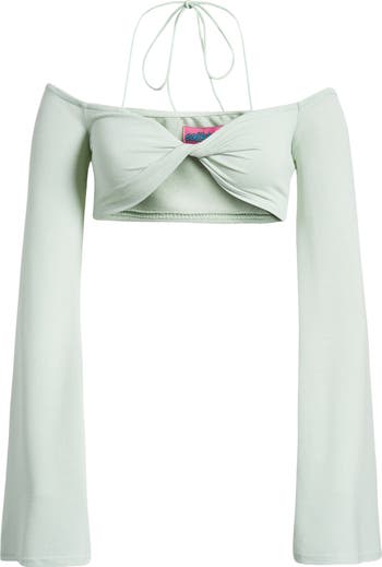 EDIKTED Celeste Off the Shoulder Twist Long Sleeve Crop Top