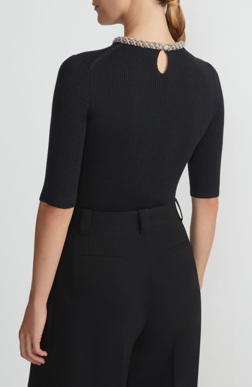 Shop Lafayette 148 New York Baroque Hand Detailed Metallic Collar Merino Wool & Silk Sweater In Black