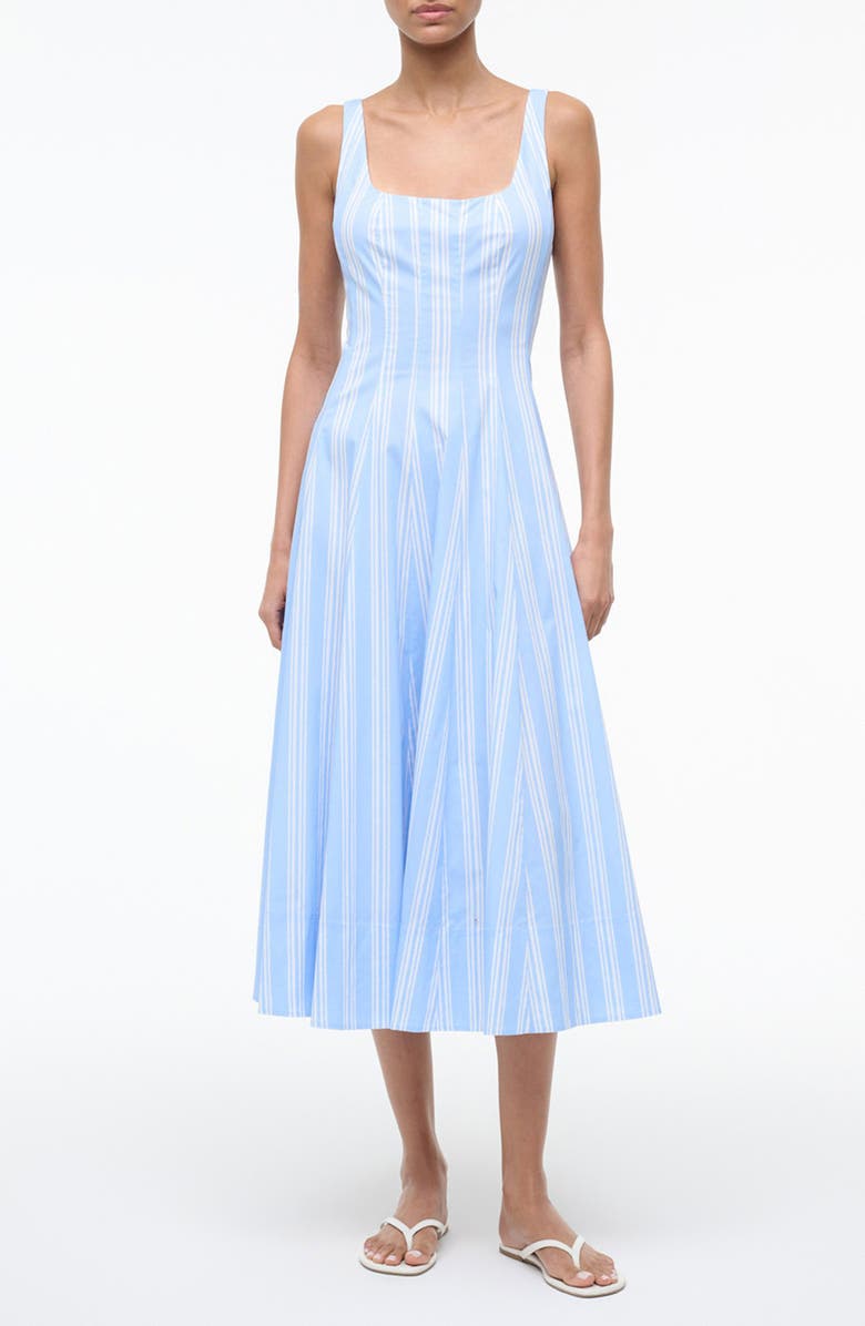 STAUD Wells Pinstripe A-Line Midi Dress, Main, color, Ventura Stripe