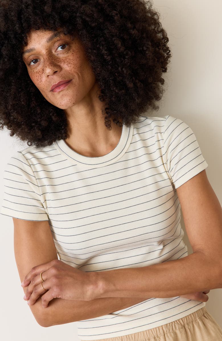 Marine Layer Lexi Sun-In Stripe Rib Crewneck T-Shirt, Alternate, color, Black Stripe/ Off White