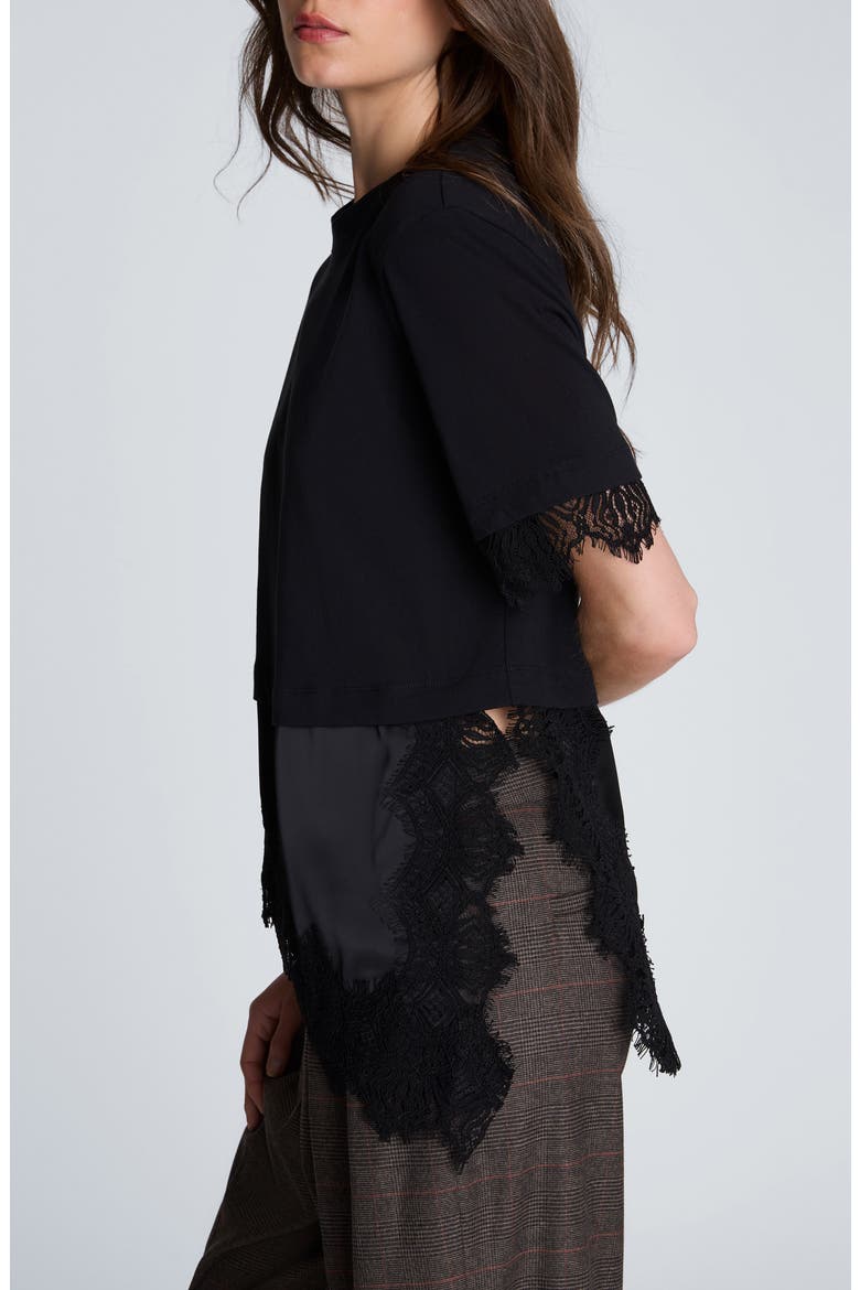 Lace Detail Layered Cotton T-shirt, Alternate, color, BLACK