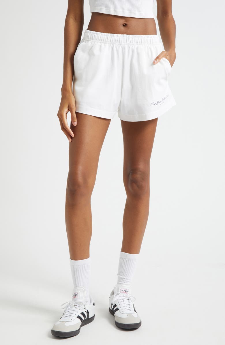 Sporty & Rich New York Health Club Disco Graphic Cotton Sweat Shorts, Main, color, White