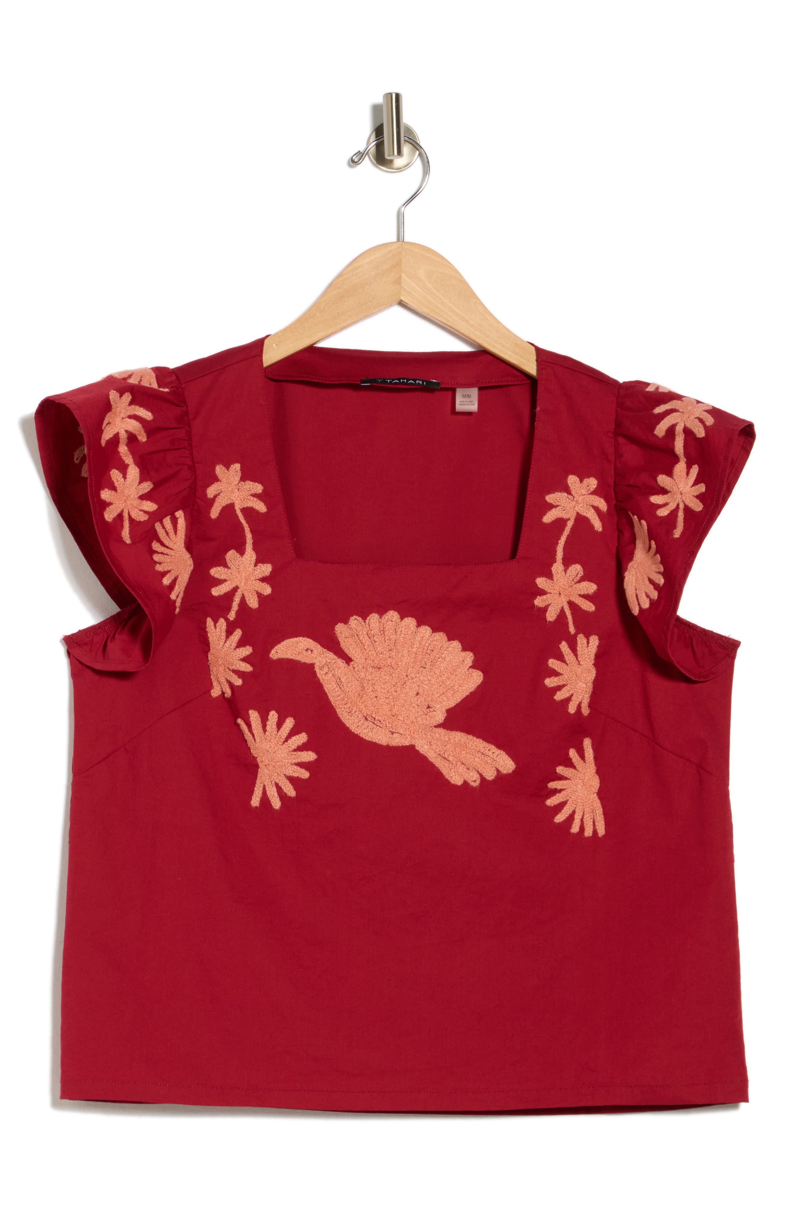 T Tahari Ruffle Sleeve Embroidered Crop Top